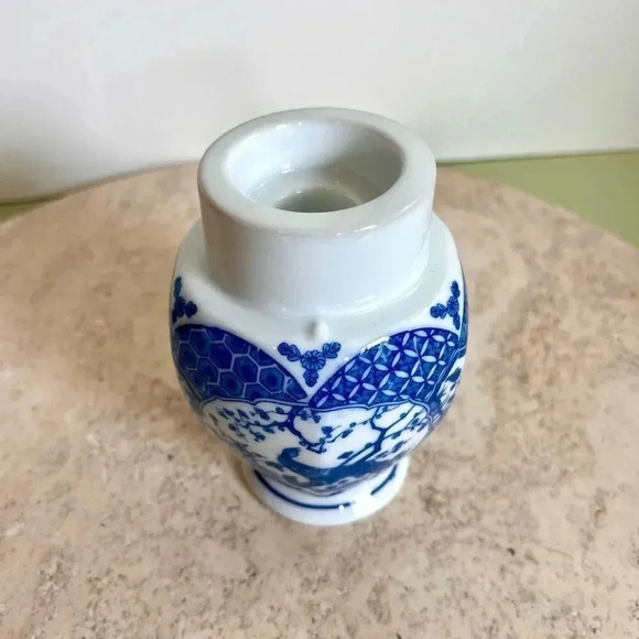 Vintage Japanese Candle Stick Holder White Blue Peacock Pattern Home Decor - Picture 1 of 12
